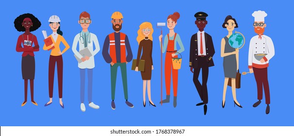 Group of people of different professions on a blue background. Vector illustration in a flat style. Labor day.