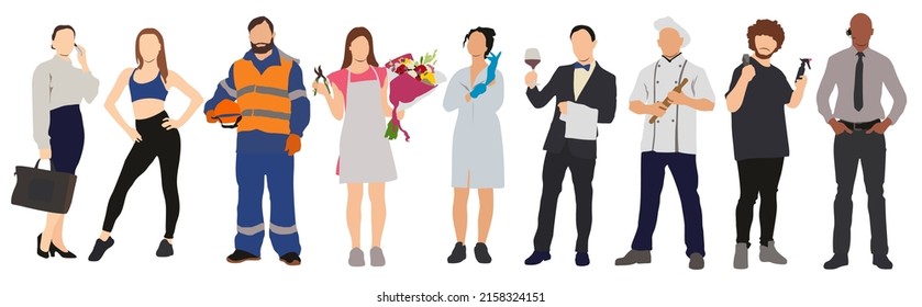 Group of people with different professions on white background. Modern workers of diverse occupations, male and female.