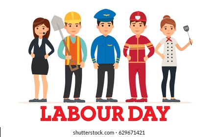 A Group Of People Of Different Professions. Operator. Builder. The driver of the train. Firefighter. Cook. Set of occupations. Labour Day On 1 May. Logo, emblem, banner. Vector image