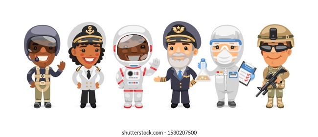 A group of people with different professions stand on a white background. Soldier, ship captain, astronaut, scientist and pilots. Flat style cartoon characters.