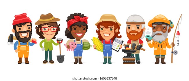 A group of people with different professions stand on a white background. Lumberjack, digger, farmer, agronomist, blacksmith and fisherman. Flat style cartoon characters.