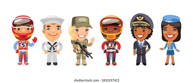 Un grupo de personas con diferentes profesiones tienen antecedentes blancos. Racer, marinero, soldado, piloto de aviones y azafatas. Personajes de dibujos animados de estilo plano.