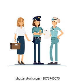 Group of people, different professions workers, friends, drinking coffee . Teamwork concept- policewoman, office worker, doctor. Female characters