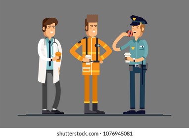 Group of people, different professions workers, friends, drinking coffee . Teamwork concept- policeman, firefighter doctor