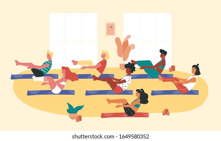 Group of people of different race doing navasana or boat yoga pose during yoga session. Yoga, stretching, pilates instructor. Physical activity as a way to relieve stress. Physical and mental health.