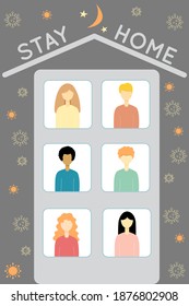 Group of people of different races on grey background. Coronavirus quarantine stay home concept with man and women in their houses and coronavirus bacteria around. Vector illustration in flat style.
