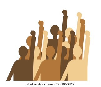 A group of people of different races raised their fists as a symbol of unity, protest, strength or victory, success. The concept of unity, revolution, struggle, cooperation. Isolated background.Vector