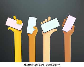 Gruppen von Menschen unterschiedlicher ethnischer Herkunft, die Smartphones zur Kommunikation benutzen. Comic 3D-Vektorgrafik