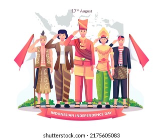 Un grupo de personas con diferentes ropas tradicionales celebraron respetuosamente el día de la independencia de Indonesia el 17 de agosto. Ilustración vectorial en estilo plano