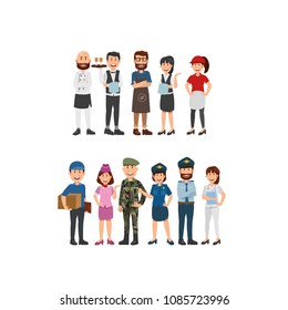 Group of People Differents Proffesion,Waiters, Police, Army, Nurse. Flat Vector Illustration