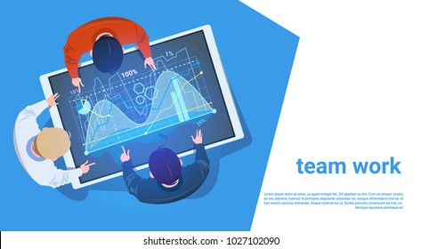 Group Of People At Digital Tablet With Finance Graph Team Working With Data Teamwork Concept Vector Illustration