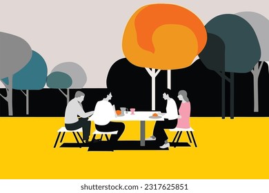 group of people dining together in the park pop art vector illustration
