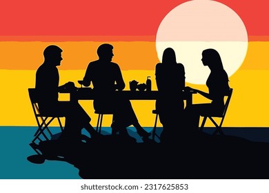 group of people dining together in the park pop art vector illustration