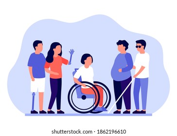 Group of people with disabilities in need of support and assistance. Prosthetic legs, arms, wheelchair access, obesity and diabetes, blindness. Vector illustration