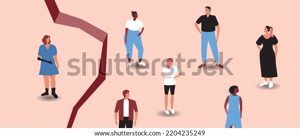 Group of people and disabled person with\
prosthesis on other hand, gap between, flat vector stock\
illustration as concept of problem of social\
isolation