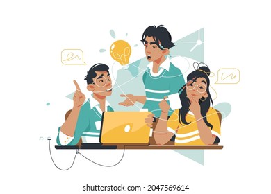 Group of people discuss idea vector illustration. Creative team talk together on subject flat style. Office and laptop on table. Teamwork and creativity concept. Isolated on white background