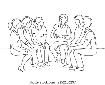 Group Of People Discuss Ideas. Continuous One Line Drawing. Vector Illustration