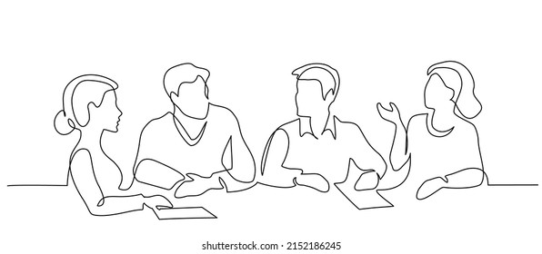 Group Of People Discuss Ideas. Continuous One Line Drawing. Vector Illustration