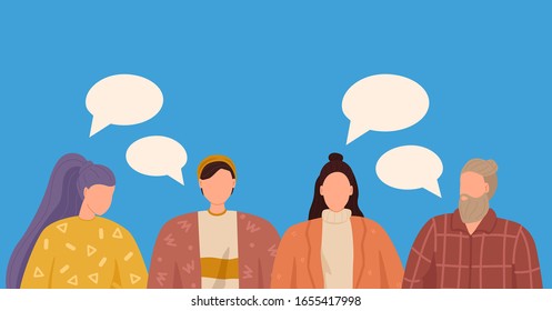 Group of people discuss social media news. Vector illustration, flat style, dialogue speech bubbles