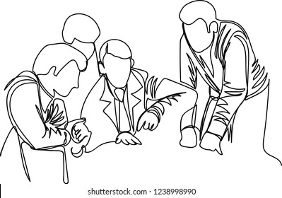 a group of people discuss the work. one line. outline vector