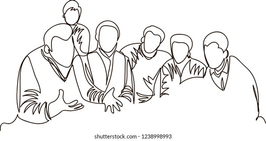 a group of people discuss the work. one continuous line