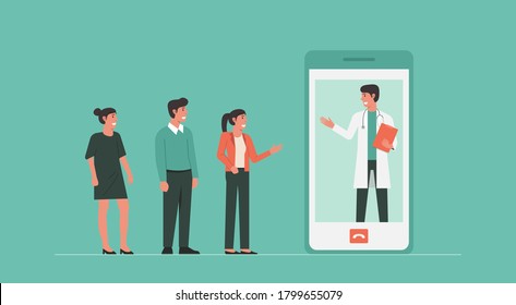 group of people discusses to doctor online via mobile phone, virtual meeting flat vector illustration