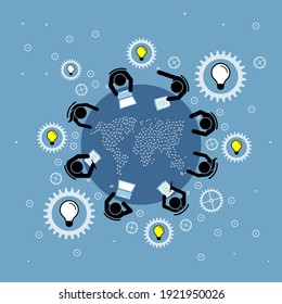 Group of people discussing and brainstorming on a round table with a world map from top view. Vector illustration concept of meeting, cooperation, collaboration, worldwide communication, and teamwork.