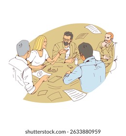 Eine Gruppe von Leuten diskutiert ein Projekt an einem Tisch