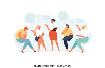 Group of people discussing at the group therapy with a psychologist. Office planning meeting. Vector illustration svg