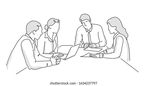 Group of people discussing work at office. Line drawing vector illustration.