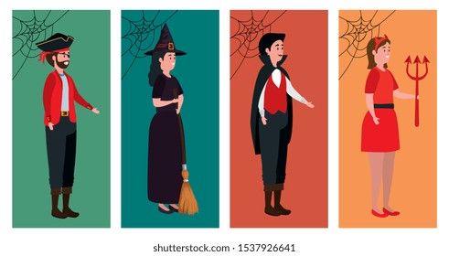 group of people disguised for halloween vector illustration design