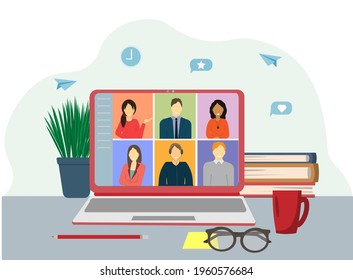 A group of people at the display of the laptop doing video conference, online video conference, online meeting, flat vector illustration