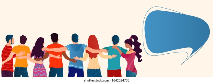 Group of people of diverse culture seen from behind embracing each other.Cooperation and help between people.Community.Care and assistance.Concept of solidarity friendship and charity