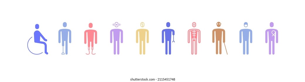 Group of people with diverse disabilities. Disabled persons diversity. Set of icons. Vector file. 