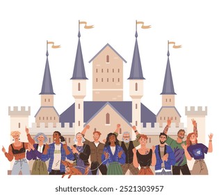 Grupo de personas con diversos atuendos de fantasía de pie frente a un castillo de estilo medieval con torres y banderas. Ideal para diversidad, comunidad, celebración, fantasía y temas medievales. Ilustrado en