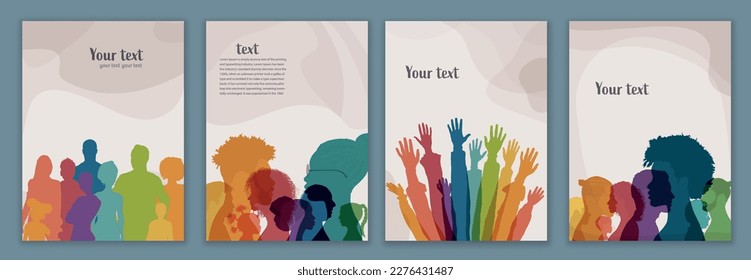 Group people diversity. Silhouette of men women children teenagers elderly. Various people of different ages. Different cultures. Racial equality concept. Poster template banner cover page svg