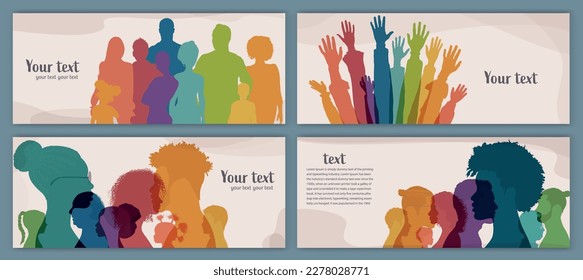 Group people diversity. Silhouette of men women children teenagers elderly. Various people of different ages. Poster template banner cover page. Different cultures. Racial equality concept