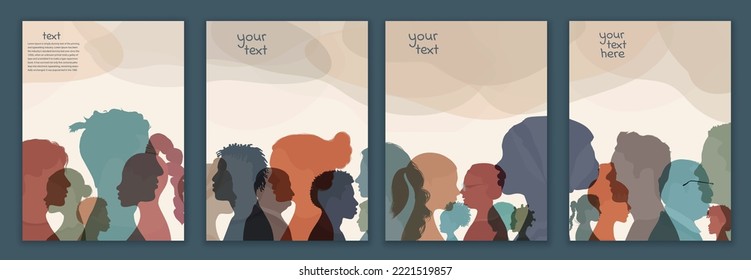 Group people diversity. Silhouette profile of men women children teenagers elderly. Various people different ages.Diverse cultures. Racial equality concept. Banner - Template copy space