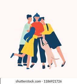 Group of people and dog surrounding and hugging or embracing young woman. Friends' support, care, love and acceptance. True friendship. Bright colored vector illustration in flat cartoon style.