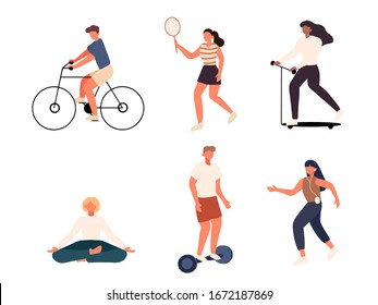 Group People doing activity and sport in flat design vector illustration. People walk in the park. active lifestyle playing tennis cycling together walking skating yoga collection.