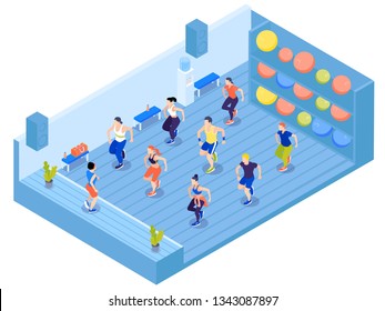 Group of people doing aerobics in gym with colorful fit balls on shelves 3d isometric vector illustration