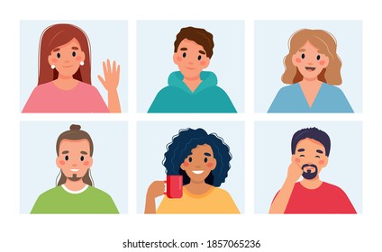 Group of people doing group call. Online meeting via video conference. Vector illustration in flat style