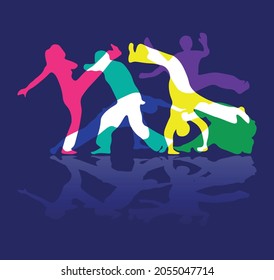 Group of people doing capoeira movements together. Colorful vector illustration in silhouettes and abstract style. Web, template, flyer design