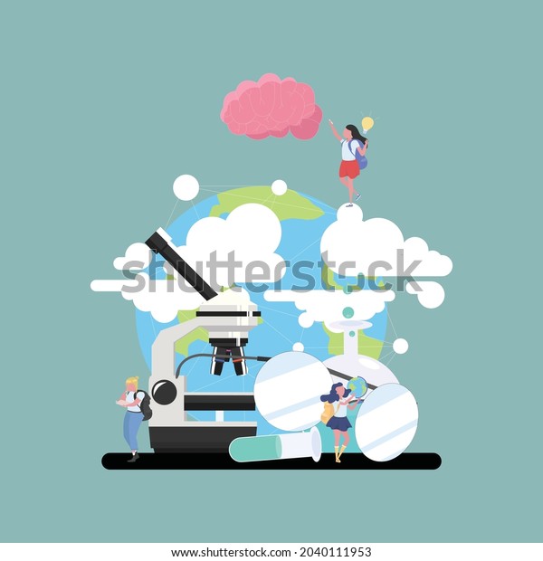 group of\
people doing, professor research, students studying together,\
school supplies and digital tablet, education and research concept.\
Colorful flat cartoon vector\
illustration.