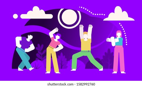 Group of people doing stretching, physical exercises. Poster for social media, web page, banner, presentation. Violet design vector illustration