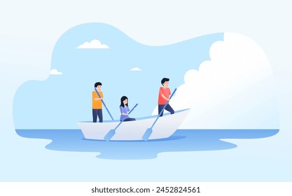 Group of people doing teamwork by rowing a canoe