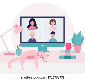 Group of people doing a video conference with the computer. Online meeting via group call.Flat vector illustration. Stay home concept.