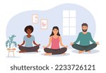 A group of people is doing yoga, meditating in the hall. A woman and a man do gym synchronously. Vector graphics.