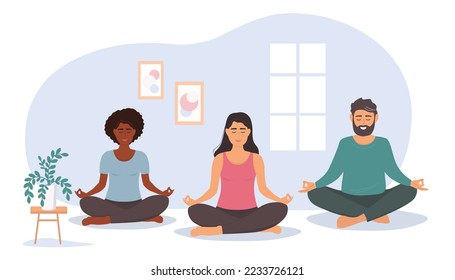 A group of people is doing yoga, meditating in the hall. A woman and a man do gym synchronously. Vector graphics.