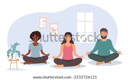 A group of people is doing yoga, meditating in the hall. A woman and a man do gym synchronously. Vector graphics.